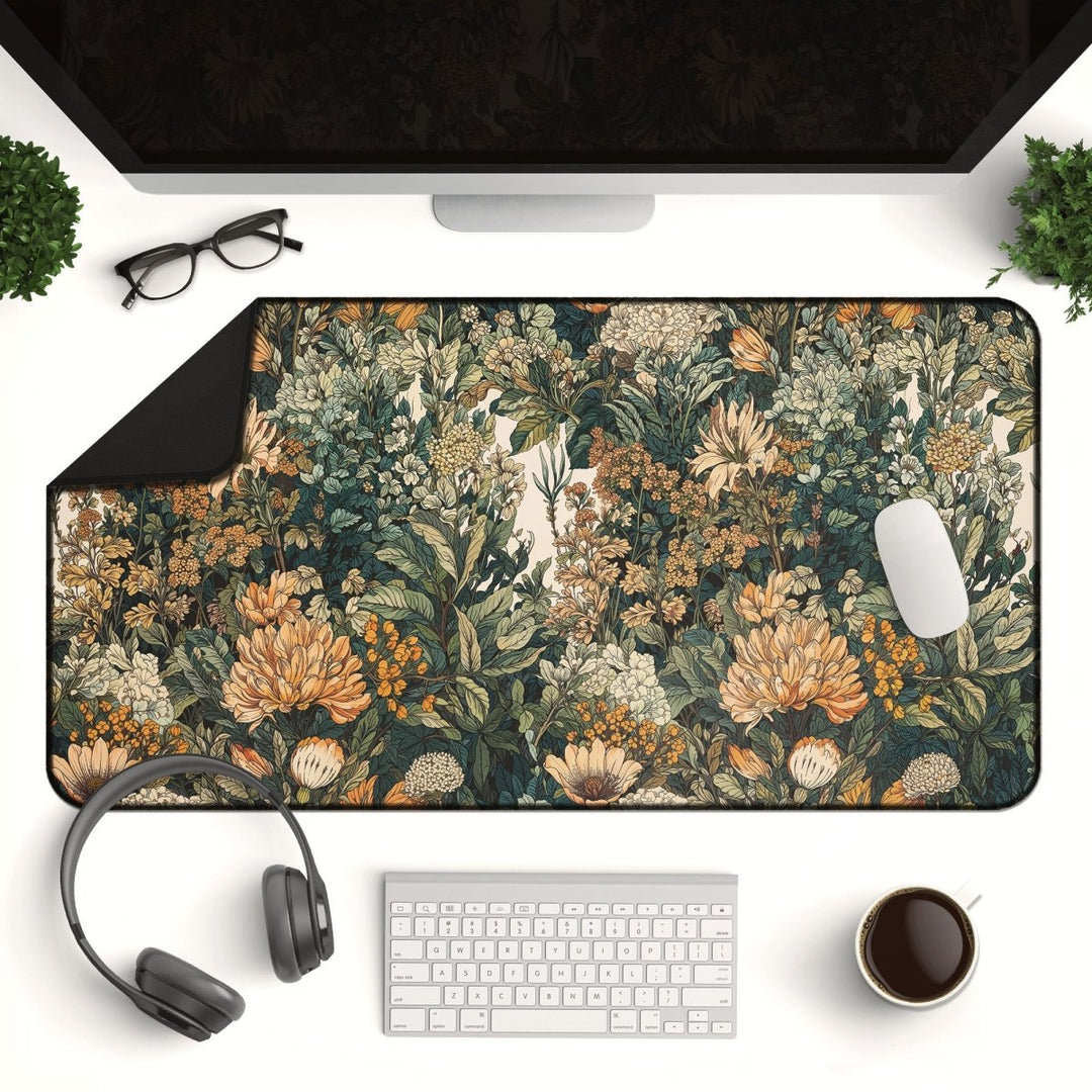 Home Decor - A computer desk setup features the Botanical Desk Mat – a Vintage Floral Large Mouse Pad designed for office and gaming. Accompanied by a wireless mouse, keyboard, headphones, eyeglasses, and a potted plant, this workspace is perfectly accessorized. A cup of coffee sits nearby while a monitor adorns the white surface as an inviting workspace feature. - Kaladyn Designs