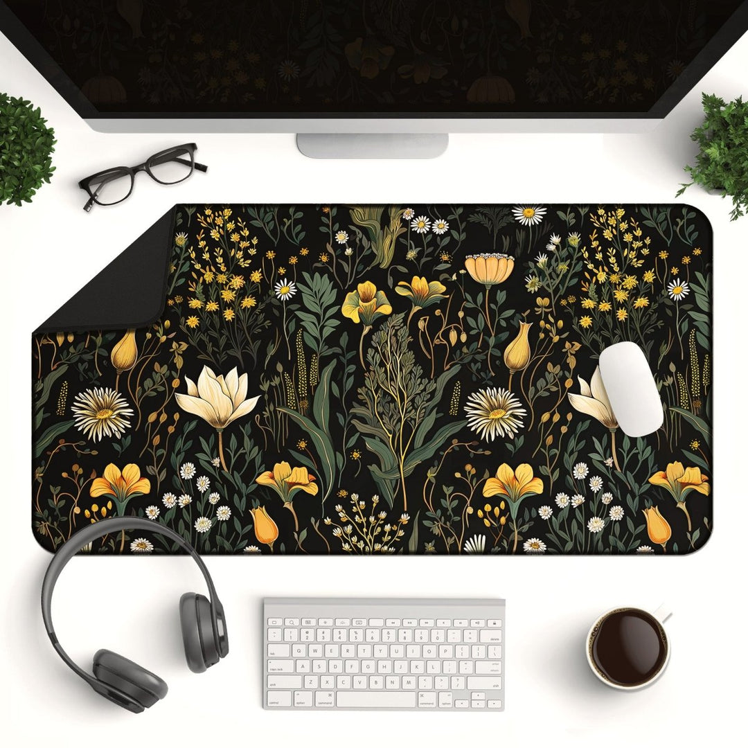 Home Decor - A computer desk setup featuring a monitor, keyboard, mouse and pad, headphones, and a coffee mug. The Botanical Floral Desk Mat – Large Nature - Inspired Mousepad for Office & Gaming showcases colorful flowers on a dark background. Small green plants and glasses adorn the desk. Made of durable neoprene, the mat complements the nature - inspired design beautifully. - Kaladyn Designs