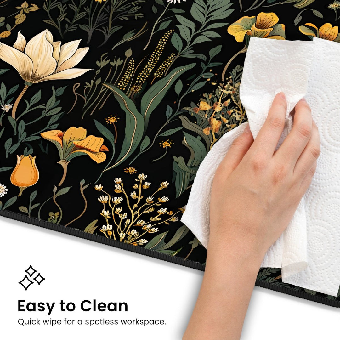 Home Decor - A hand using a paper towel to clean the Botanical Floral Desk Mat – Large Nature - Inspired Mousepad for Office & Gaming, showcasing its elegant, nature - inspired design. The background features yellow and white flowers with green leaves on a black surface. Text at the bottom left reads, "Easy to Clean - Quick wipe for a spotless workspace. - Kaladyn Designs