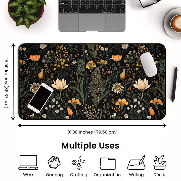 Home Decor - Vertical image showcases a workspace featuring the Botanical Floral Desk Mat – Large Nature - Inspired Mousepad for Office & Gaming, with dimensions of 31.30 inches by 15.50 inches. Items on the desk include a smartphone, mouse, pen, and open laptop. Icons illustrate its versatility for work, gaming, crafting, organization, writing, and décor. The nature - inspired design adds charm while the durable neoprene ensures longevity. - Kaladyn Designs