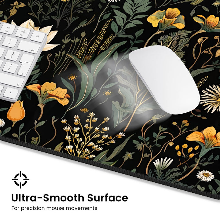 Home Decor - A white computer keyboard and mouse rest on the Botanical Floral Desk Mat – Large Nature - Inspired Mousepad for Office & Gaming, an elegant workspace accessory adorned with various green leaves and yellow flowers. Text at the bottom reads, "Ultra - Smooth Surface - For precision mouse movements. - Kaladyn Designs