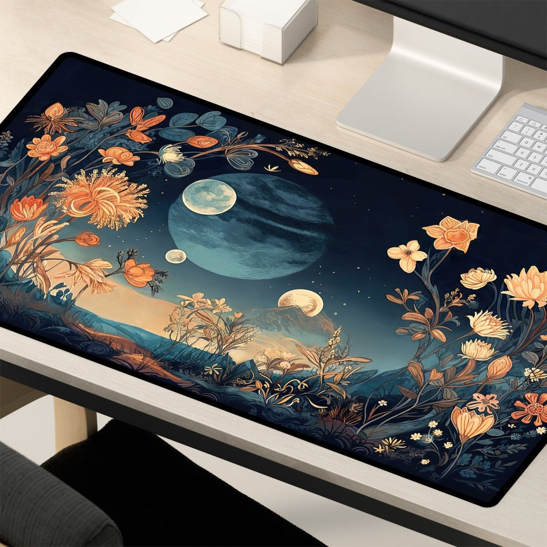 Home Decor - Celestial Floral Desk Mat – Large Moon - Themed Mouse Pad for Office or Gaming - Kaladyn Designs