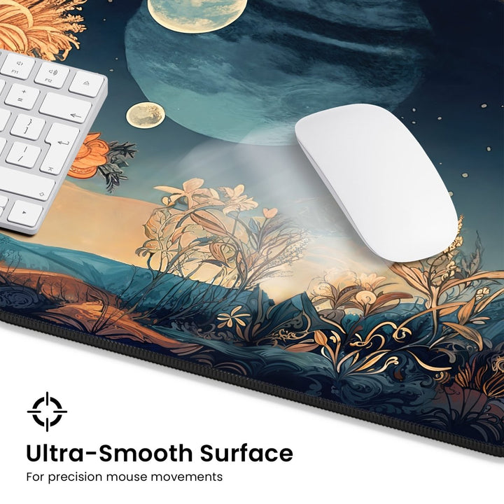 Home Decor - A vibrant Celestial Floral Desk Mat featuring a fantasy landscape design with moons, planets, and stylized floral elements. A white computer mouse and part of a white keyboard rest atop the desk mat. The text reads "Ultra - Smooth Surface – For precision mouse movements. - Kaladyn Designs