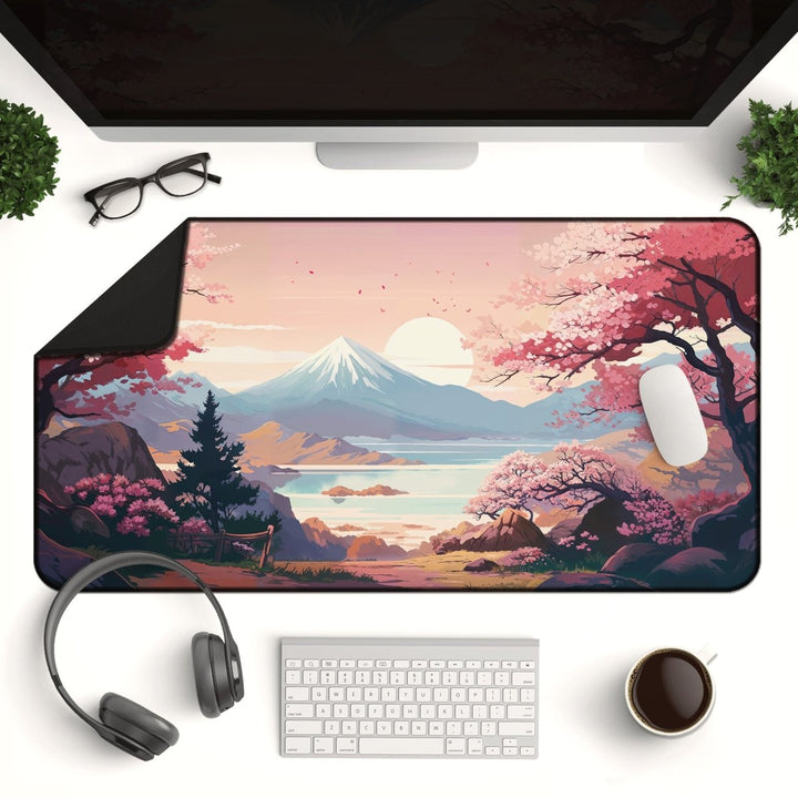 Home Decor - A neatly arranged desk setup showcases a Cherry Blossom Anime Desk Mat featuring a scenic illustration of sakura design with mountains and a lake. The desk includes a keyboard, mouse, monitor, headphones, glasses, and a coffee cup. - Kaladyn Designs