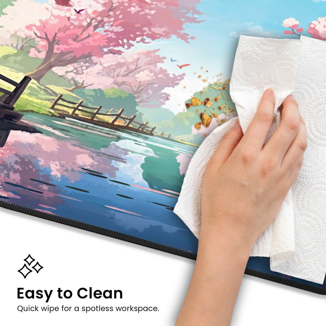 Home Decor - A hand holding a paper towel wipes crumbs off the vibrant Cherry Blossom Desk Mat, which features a wooden bridge over a river surrounded by pink blossom trees. Text reads, "Easy to Clean: Quick wipe for a spotless workspace. - Kaladyn Designs