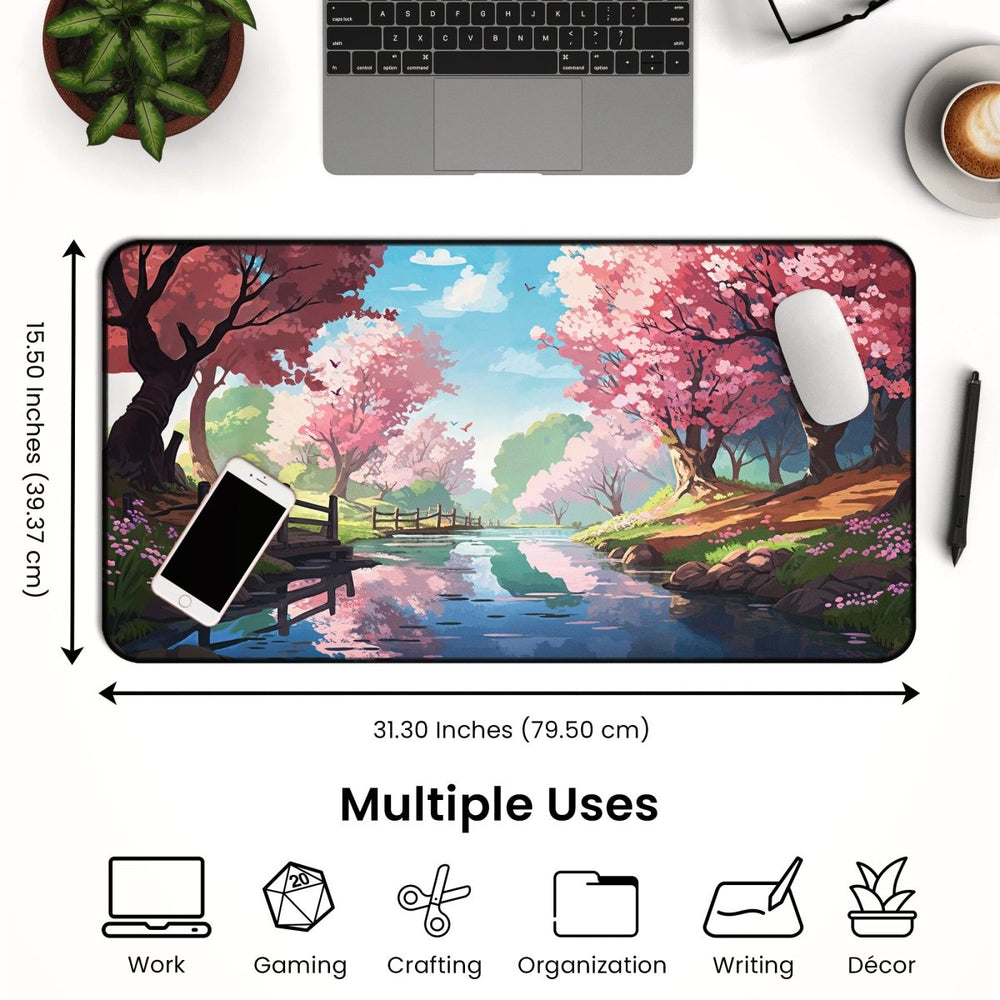 Home Decor - The Cherry Blossom Desk Mat, known as the Aesthetic Sakura Mouse Pad for Gaming & Office, showcases vibrant cherry blossom designs with peaceful lakeside scenes and fits seamlessly beneath your laptop, mouse, and phone. Its dimensions of 15.50 by 31.30 inches and kawaii aesthetics make it perfect for work, gaming, crafting, organization, writing, and décor. - Kaladyn Designs