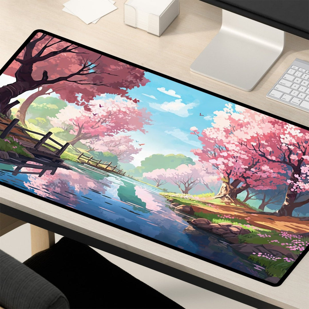 Home Decor - The Cherry Blossom Desk Mat - Aesthetic Sakura Mouse Pad for Gaming & Office features a lively spring scene with cherry blossom trees lining a river, surrounded by a wooden fence and set against a bright blue sky. This kawaii - themed mat is the perfect enhancement for your desk, beautifully complementing your computer and keyboard. - Kaladyn Designs