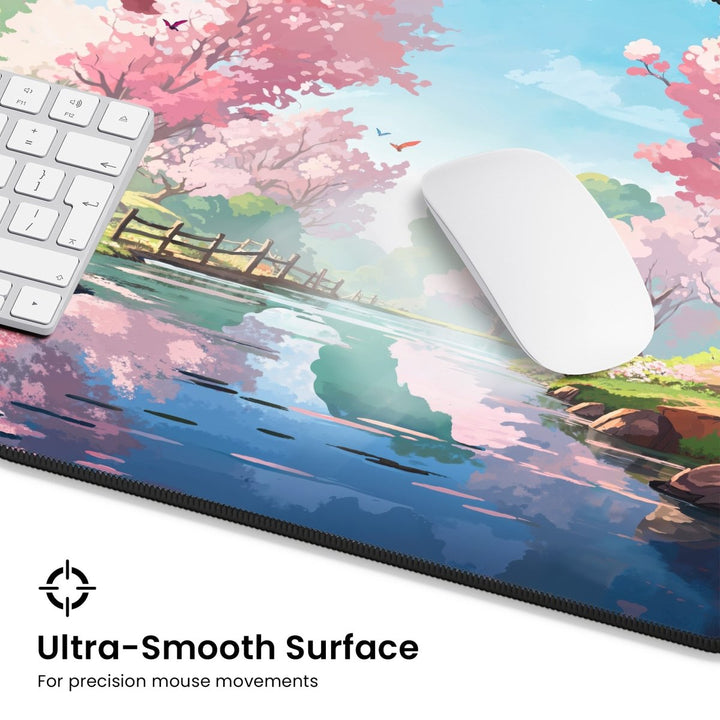 Home Decor - A white keyboard and mouse rest on the Cherry Blossom Desk Mat - Aesthetic Sakura Mouse Pad for Gaming & Office, which features a vibrant scene of a scenic river, cherry blossom trees, and a clear sky. The sakura pattern enhances the ultra - smooth surface for precise mouse movements. - Kaladyn Designs