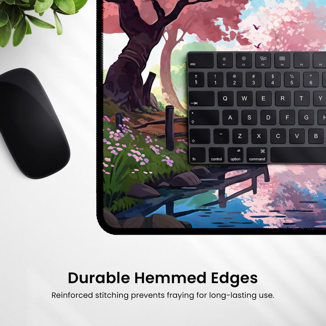 Home Decor - A mouse and keyboard on the Cherry Blossom Desk Mat – Aesthetic Sakura Mouse Pad for Gaming & Office, showcasing a colorful sakura scene with a serene pond, trees, and cherry blossoms. Text reads: "Durable Hemmed Edges. Reinforced stitching prevents fraying for long - lasting use. - Kaladyn Designs