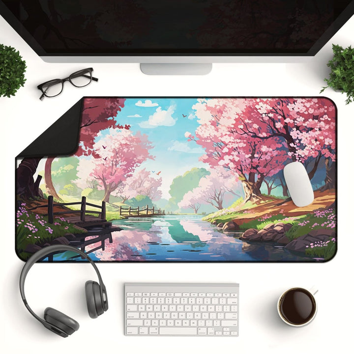 Home Decor - A desk setup with a Cherry Blossom Desk Mat, showcasing an aesthetic sakura mouse pad that depicts a scenic river surrounded by cherry blossom trees under a bright sky. The arrangement includes a monitor, keyboard, mouse, headphones, glasses, potted plants, and a cup of coffee for the ultimate kawaii aesthetic. - Kaladyn Designs