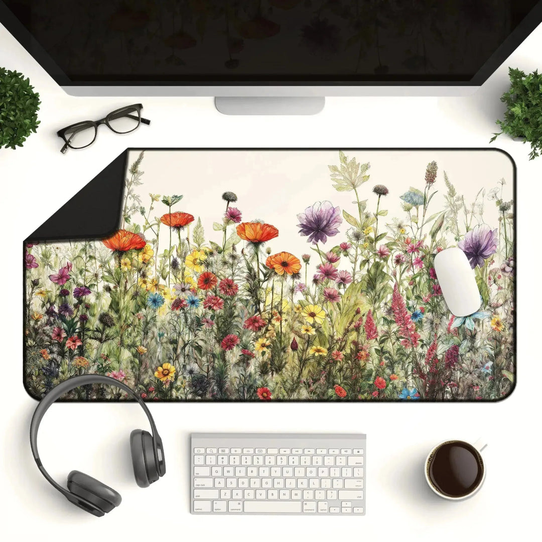 Overhead view of a desk setup featuring a Cottagecore Desk Mat – Cute Floral Mouse Pad & Keyboard Mat with watercolor flowers, a white keyboard, a white computer mouse, a pair of glasses, headphones, a coffee cup, potted plants, and a monitor.