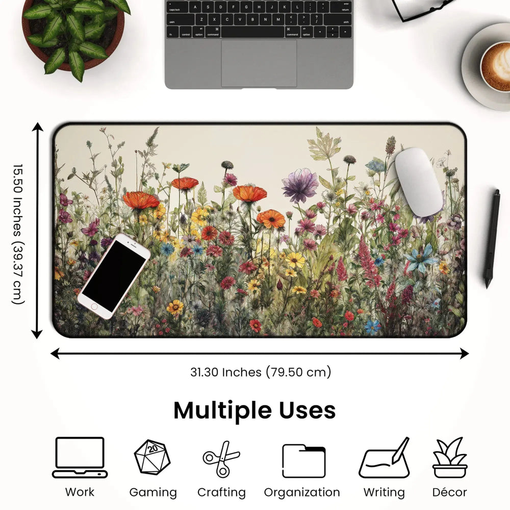 A Cottagecore Desk Mat – Cute Floral Mouse Pad & Keyboard Mat with a beautiful watercolor floral design is shown on a desk. The mat, featuring a colorful meadow of flowers, measures 31.30 inches wide and 15.50 inches tall. Icons depict its multiple uses, including work, gaming, crafting, organization, writing, and décor. A smartphone and laptop are also visible on the desk.