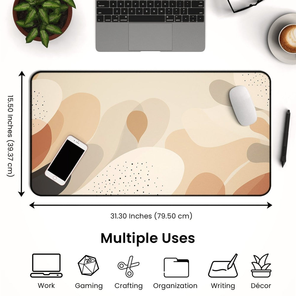 Home Decor - A desk setup featuring a laptop, plant, coffee cup, phone, and mouse on the Cute Boho Desk Mat – a large minimalist mouse pad measuring 31.30 x 15.50 inches. This stylish workspace decor is perfect for multiple uses such as work, gaming, crafting, organization, writing, and enhancing your minimalist setup. - Kaladyn Designs