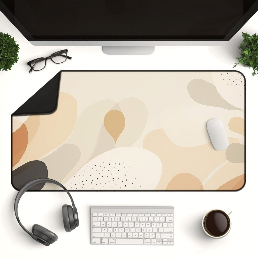 Home Decor - A neatly arranged desk showcases a large monitor, the Cute Boho Desk Mat – Large Minimalist Mouse Pad for Modern Desks, along with a keyboard, mouse, headphones, glasses, two small potted plants, and a cup of coffee on a white surface, embodying minimalist design. - Kaladyn Designs