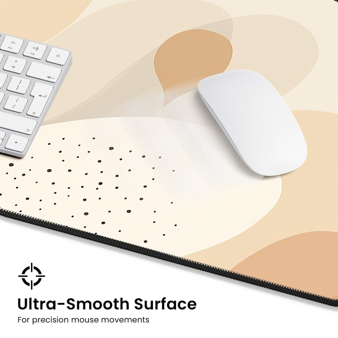 Home Decor - On the sleek, white keyboard and mouse sits the Cute Boho Desk Mat. This minimalist mouse pad, designed for modern desks, features smooth abstract beige and cream patterns with black dots. The text highlights its "Ultra - Smooth Surface for precision mouse movements," making it ideal for an aesthetic workspace. - Kaladyn Designs