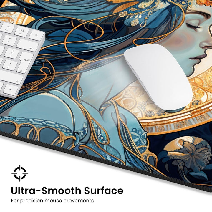 Home Decor - A detailed Dark Academia Desk Mat – Witchy Gaming Mouse Pad with an intricate celestial cosmic design in blue and gold featuring a woman with flowing hair. A white mouse and part of a keyboard sit on top. Text reads: "Ultra - Smooth Surface for precision mouse movements. - Kaladyn Designs