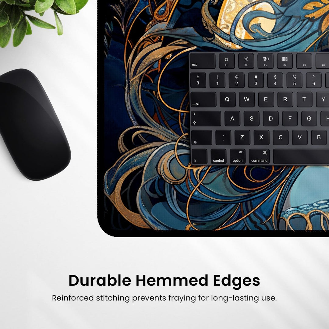 Home Decor - Under a black keyboard is the Dark Academia Desk Mat—a mouse pad showcasing intricate blue and gold swirling patterns with a celestial cosmic design. The text reads: "Durable Hemmed Edges. Reinforced stitching prevents fraying for long - lasting use." A black mouse sits on the left side. - Kaladyn Designs