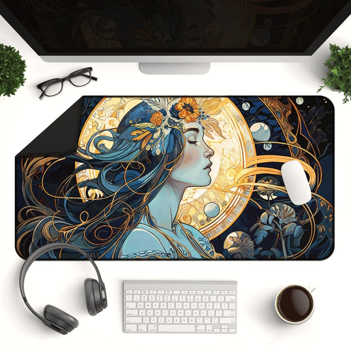 Home Decor - Enhance your computer desk setup with the Dark Academia Desk Mat—a witchy - themed gaming mouse pad featuring a celestial cosmic design. Complete the stylish scene with a monitor, keyboard, headphones, glasses, a lush plant, and a steaming coffee cup to embrace the mystical aesthetic. - Kaladyn Designs