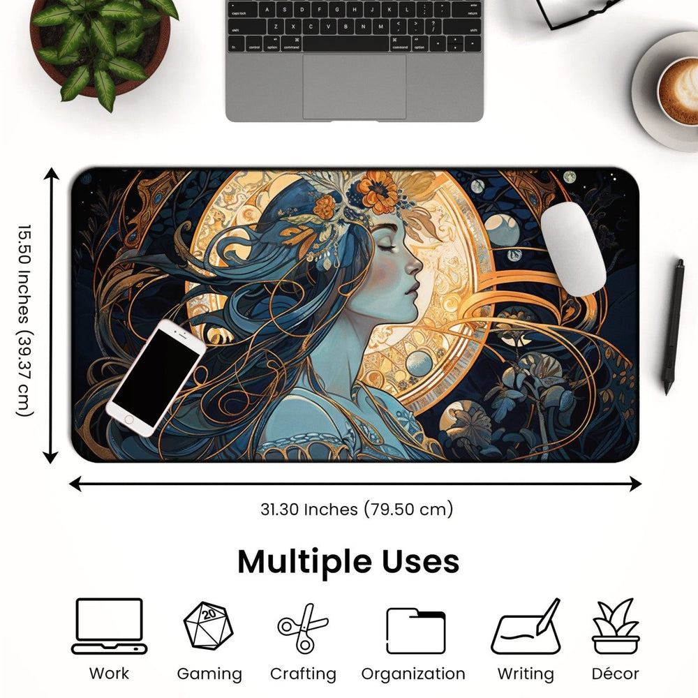 Home Decor - A Dark Academia Desk Mat – Witchy Gaming Mouse Pad with a celestial cosmic design, featuring an intricate profile illustration of a woman adorned with floral patterns and flowing hair, lies on a desk under a laptop, phone, and mouse, showcasing its versatility for work, gaming, and more. - Kaladyn Designs