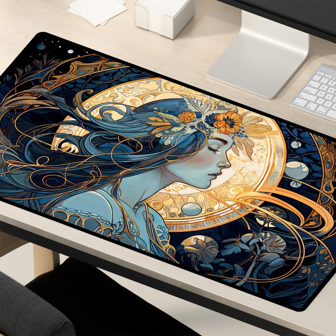 Home Decor - The Dark Academia Desk Mat is adorned with a vibrant illustration showcasing a female figure with flowing hair embellished with flowers. This enchanting design, set against an intricate celestial background, features patterns and floral elements that create a mystical and witchy aesthetic. - Kaladyn Designs