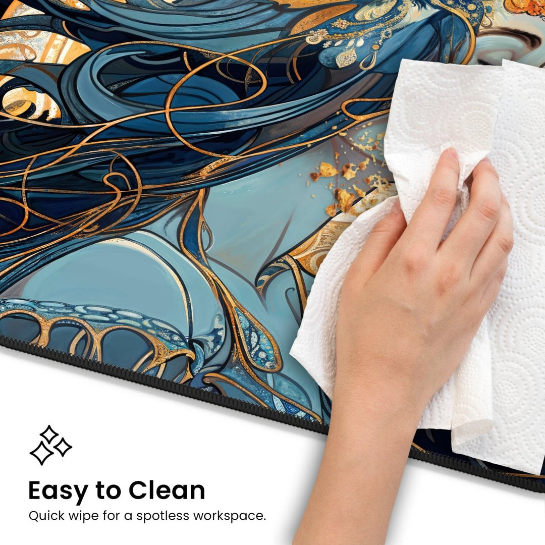 Home Decor - A hand wipes a decorative surface featuring the Dark Academia Desk Mat – Witchy Gaming Mouse Pad, adorned with intricate blue and gold celestial cosmic patterns. Text reads, "Easy to Clean. Quick wipe for a spotless workspace. - Kaladyn Designs