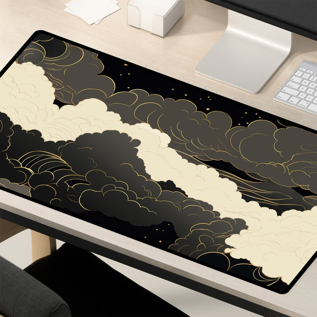 Home Decor - The Dark Cloud Desk Mat – Celestial Gaming Mouse Pad features swirling black and white clouds on a dark backdrop, creating an ideal pairing with a sleek keyboard and monitor in this gaming desk setup. - Kaladyn Designs