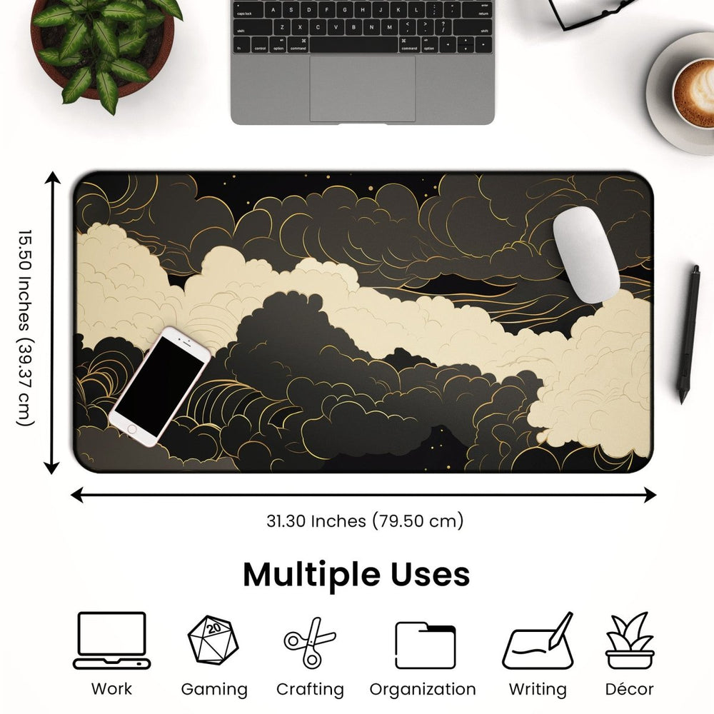 Home Decor - The Dark Cloud Desk Mat – Celestial Gaming Mouse Pad is a large non - slip desk pad featuring a stunning celestial cloud design on a black background, measuring 31.30 x 15.50 inches—perfect for enhancing your gaming desk setup. It comfortably accommodates a mouse and smartphone, with icons around it highlighting its versatile uses: work, crafting, organization, writing, and décor. - Kaladyn Designs