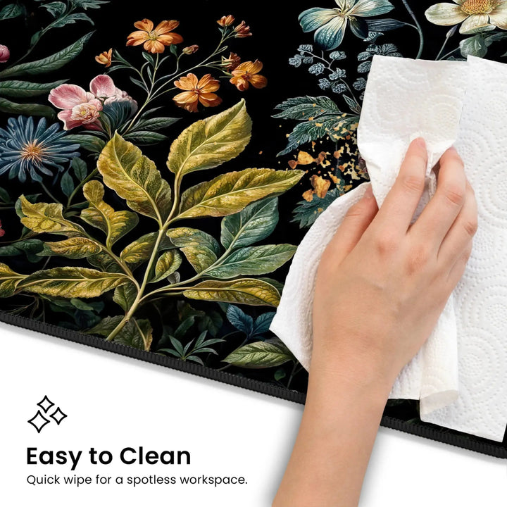 A hand uses a paper towel to wipe a Dark Cottagecore Desk Mat – Vintage Floral Non-Slip Mouse Pad for Gaming & Office. The background is adorned with an array of vibrant flowers and leaves. The text reads, "Easy to Clean: Quick wipe for a spotless workspace.