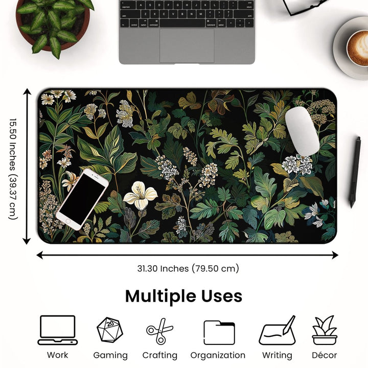 Home Decor - Introducing the Elegant Botanical Black Floral Desk Mat: a neoprene desk mat featuring stunning green and white flowers set against a black background, with dimensions of 31.30 by 15.50 inches. Icons indicate its suitability for work, gaming, crafting, organization, writing, and décor—making it a versatile enhancement to any space. - Kaladyn Designs