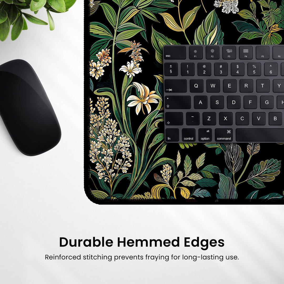 Home Decor - A black rectangular mousepad, known as the Elegant Botanical Black Floral Desk Mat, showcases vibrant green, white, and yellow floral patterns on a white surface. Partially visible on the mat are a black keyboard and mouse. Text at the bottom emphasizes "Durable Hemmed Edges" along with further product details. - Kaladyn Designs