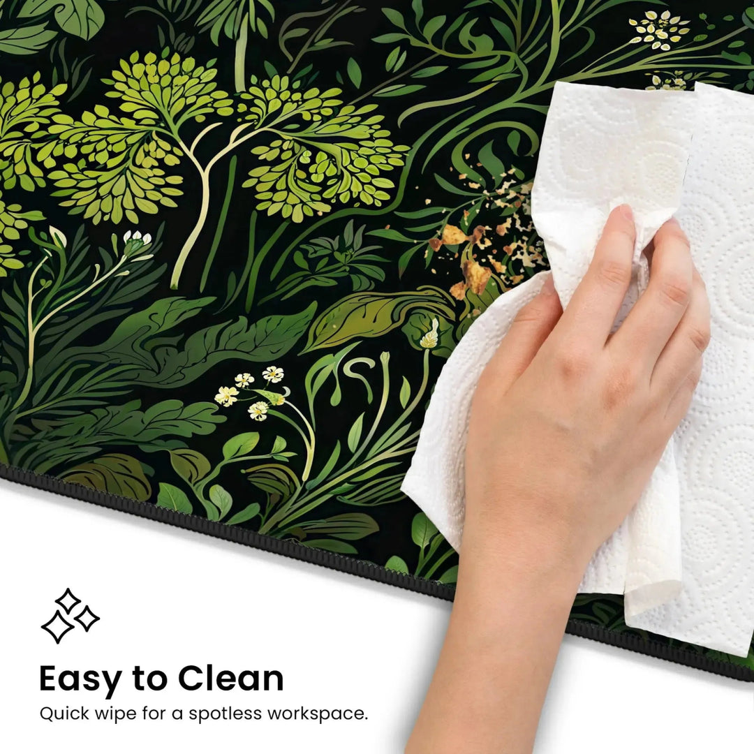 Home Decor - A hand holds a paper towel, wiping away crumbs from a large Floral Sage Green Botanical Desk Mat. Text in the bottom left corner reads, "Easy to Clean - Quick wipe for a spotless workspace. - Kaladyn Designs