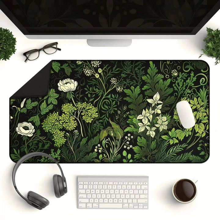 Home Decor - A neatly organized desk features a computer monitor, a pair of glasses, two small potted plants, a large Floral Sage Green Botanical Desk Mat, a white mechanical keyboard, a white mouse, headphones, and a cup of black coffee. - Kaladyn Designs