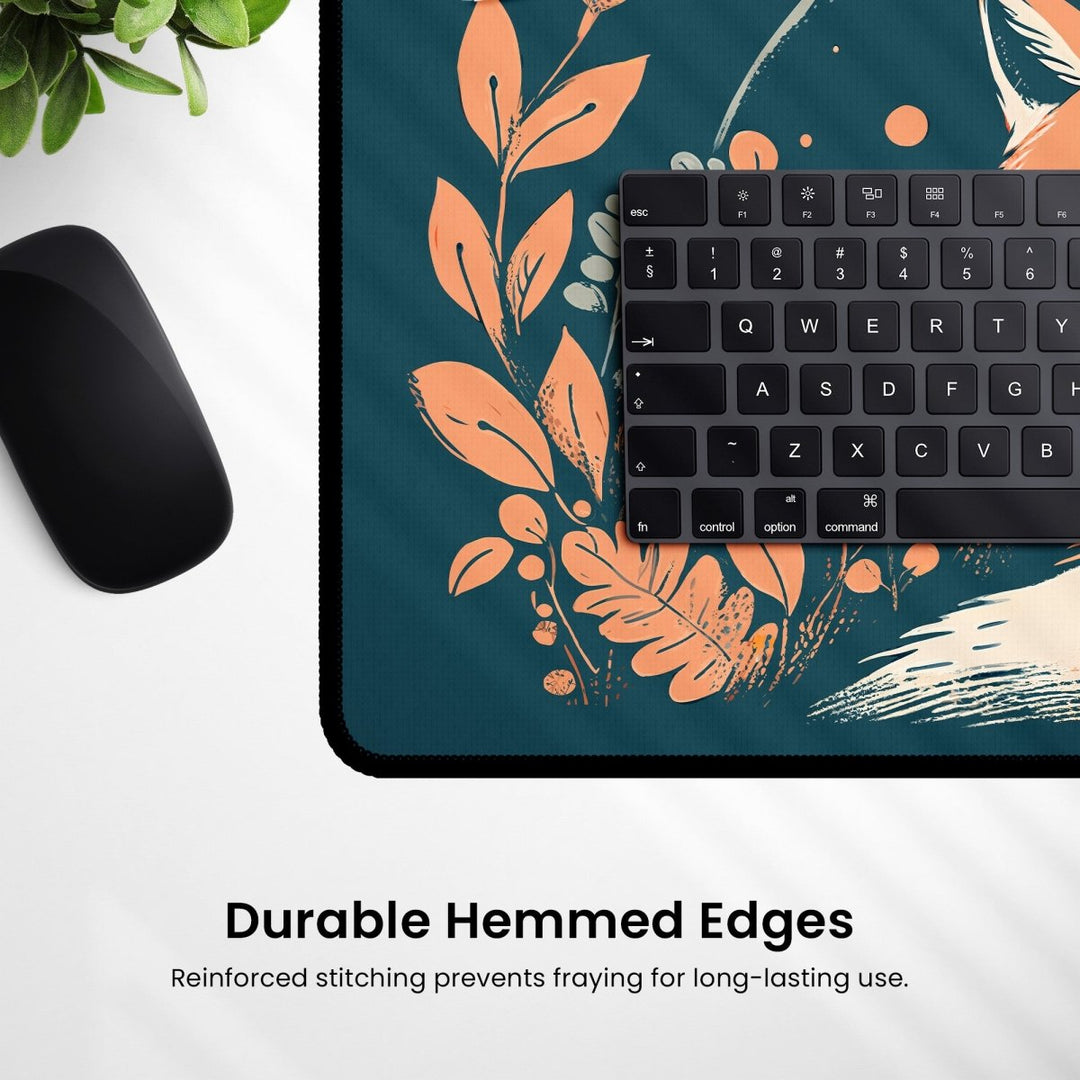 Home Decor - A black computer mouse and keyboard rest on a Fox Desk Mat – Large Cute Fox Mouse Pad for Office & Gaming Setup, featuring an orange and beige floral design on a dark green background. The text below reads, "Durable Hemmed Edges: Reinforced stitching prevents fraying for long - lasting use. - Kaladyn Designs