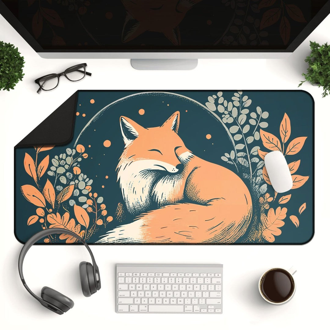 Home Decor - A computer desk setup featuring the Fox Desk Mat – Large Cute Fox Mouse Pad for Office & Gaming Setup, surrounded by plants. There are a computer monitor, headphones, keyboard, mouse, eyeglasses, a potted plant, and a cup of coffee neatly arranged on the white desk. This nature - themed decor brings a touch of woodland charm to your workspace. - Kaladyn Designs