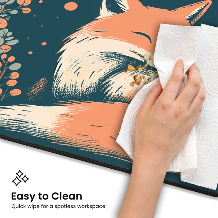 Home Decor - A hand uses a paper towel to clean crumbs off a Fox Desk Mat – Large Cute Fox Mouse Pad for Office & Gaming Setup featuring a sleeping fox illustration. The text in the bottom left corner reads "Easy to Clean: Quick wipe for a spotless workspace," bringing woodland charm to your nature - themed decor. - Kaladyn Designs