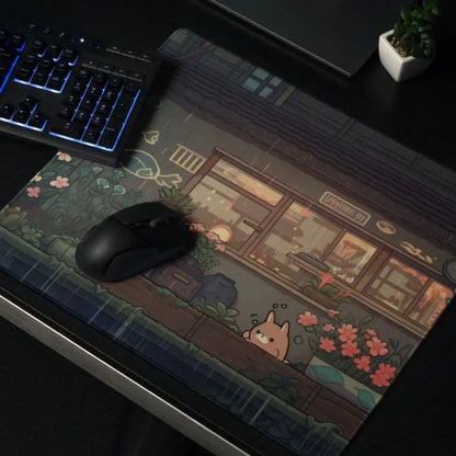 A gaming mousepad with a cute anime cat on it.