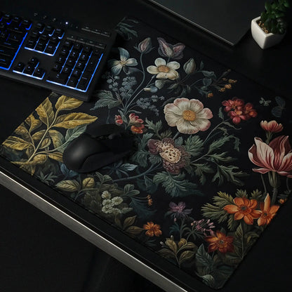 Dark Cottagecore Floral Gaming Desk Mat | Vintage Botanical Mouse Pad