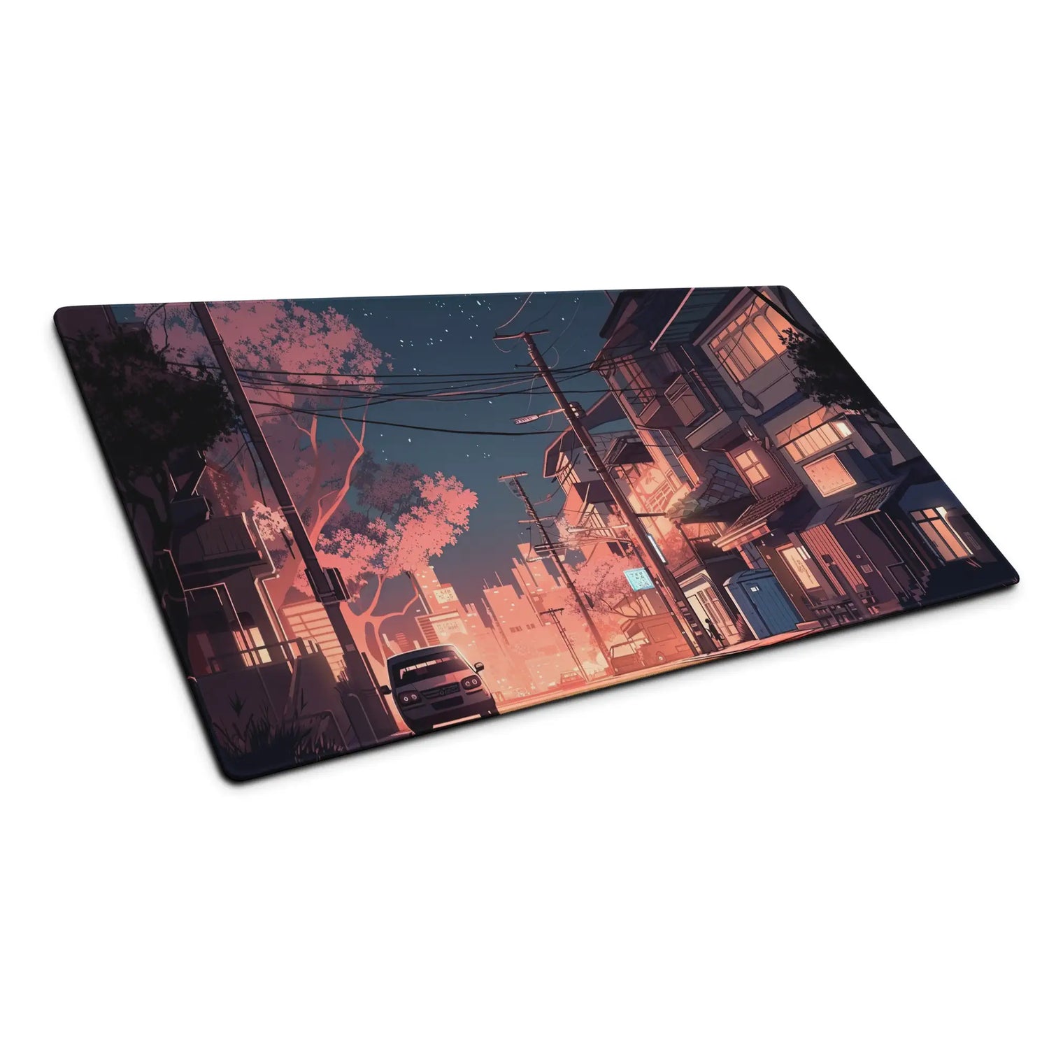 An anime desk mat with an image of a Tokyo street at night.