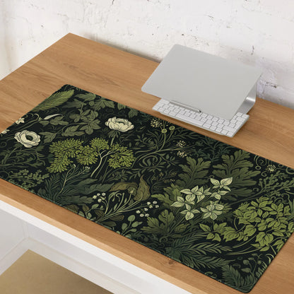 Overhead view of a large dark green floral-themed desk mat with intricate botanical illustrations on a wooden desk, featuring a laptop and keyboard.