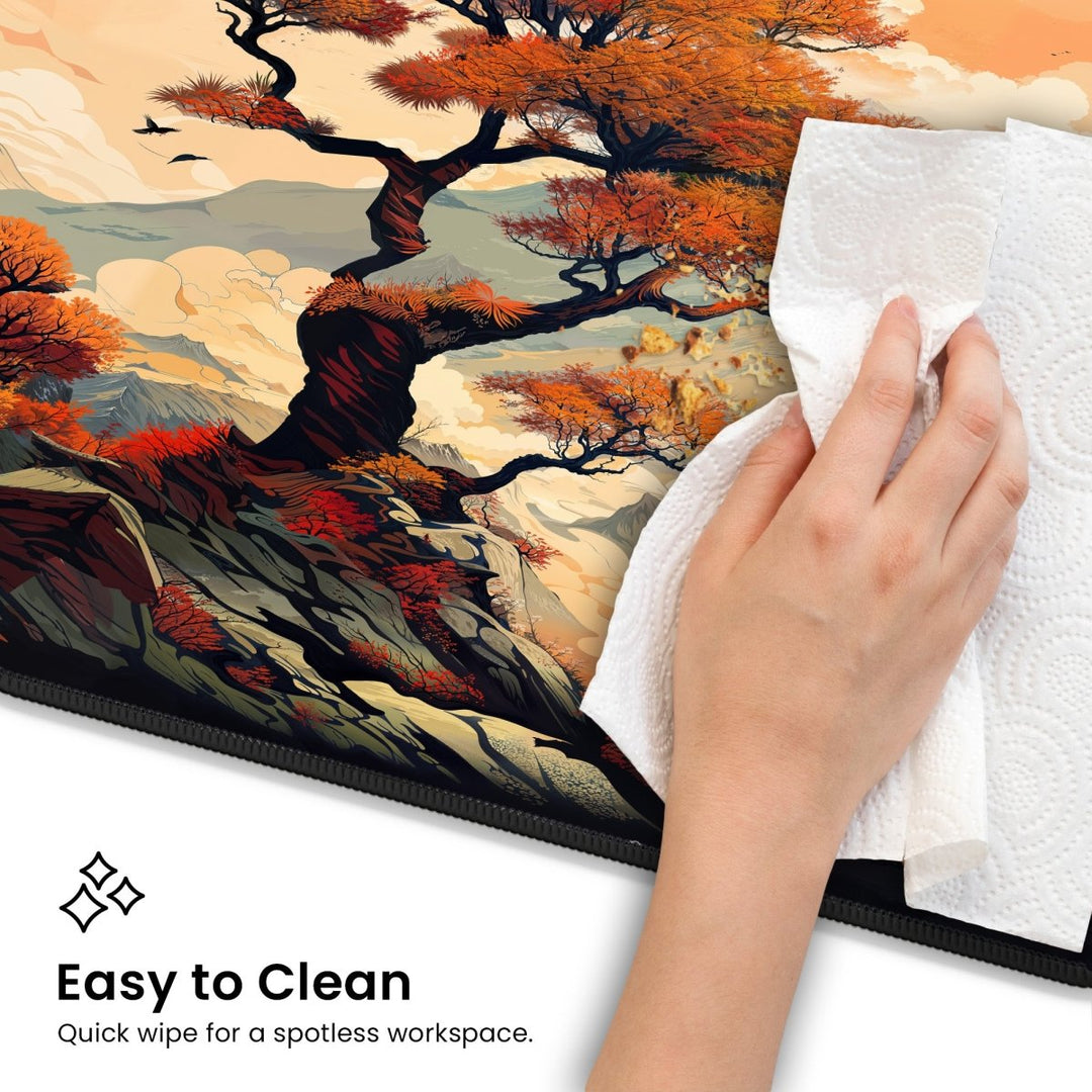 Home Decor - A hand is wiping the Japanese Desk Mat – Large Mouse Pad with a paper towel. The mat features a vibrant, art - inspired design of a tree with autumn - colored leaves. The text at the bottom left reads "Easy to Clean. Quick wipe for a spotless workspace. - Kaladyn Designs