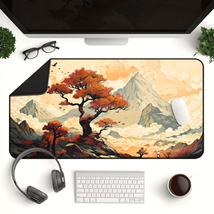 Home Decor - A desk setup featuring a computer monitor, keyboard, mouse, a cup of coffee, glasses, and headphones is beautifully complemented by the Japanese Desk Mat – Large Mouse Pad with Japanese Art - Inspired Design for Office & Gaming. The mat showcases an artistic landscape with a large tree, mountains, and swirling clouds in vibrant red, orange, and yellow hues. - Kaladyn Designs