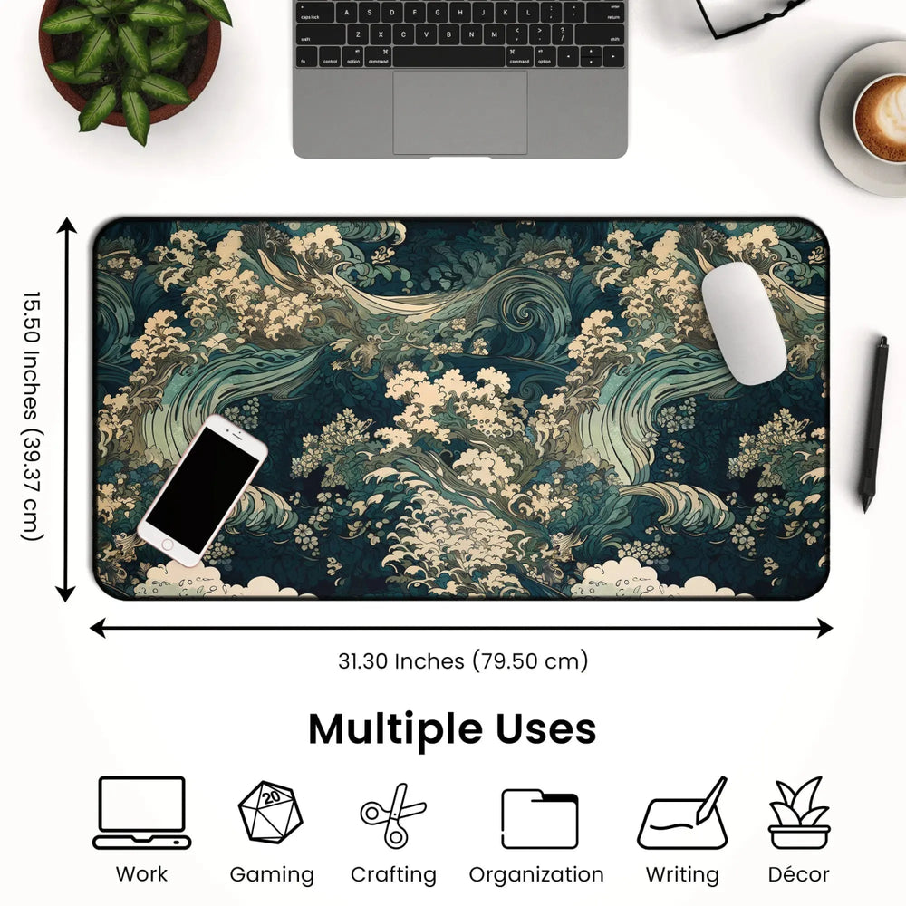 The Japanese Ukiyo-e Inspired Desk Mat – Large Neoprene Gaming Mouse Pad & Office Decor features a rectangular design with a traditional Japanese wave pattern, measuring 31.30 x 15.50 inches. This desk mat can accommodate a laptop, smartphone, and mouse, making it ideal for work, gaming, crafting, organization, writing, and enhancing workspace decor.