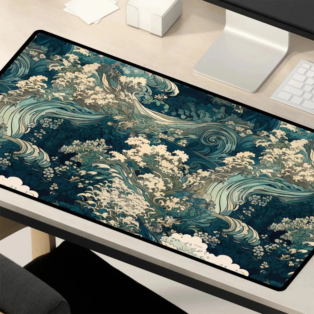 A desk setup featuring a computer monitor, keyboard, and the Japanese Ukiyo-e Inspired Desk Mat – Large Neoprene Gaming Mouse Pad & Office Decor, showcasing an intricate ocean wave design in shades of teal and cream, inspired by traditional Japanese art. This elegant workspace decor adds a touch of cultural sophistication to any office.