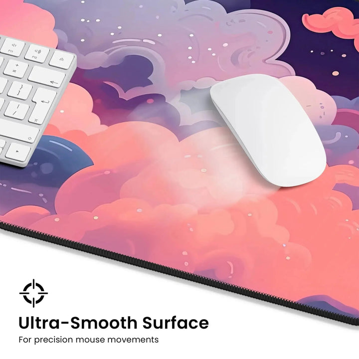 A Kawaii Anime Desk Mat – Pastel Pink Night Sky Mouse Pad & Gaming Mat features a computer keyboard and mouse resting on its non-slip surface, showcasing a pastel pink night sky design with shades of purple and blue. Text at the bottom reads "Ultra-Smooth Surface for precision mouse movements.