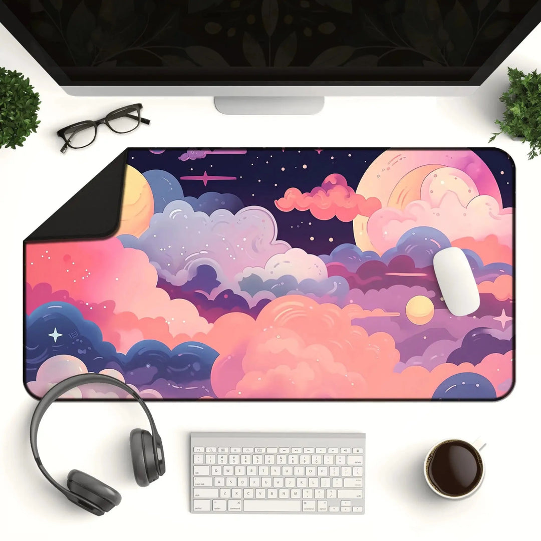 A computer desk setup with a monitor, keyboard, mouse, and headphones. The desk features the Kawaii Anime Desk Mat – Pastel Pink Night Sky Mouse Pad & Gaming Mat, adorned with a dreamy cloud and star design in pink, purple, and yellow hues. Also on the desk are a pair of glasses, a plant, and a coffee cup.