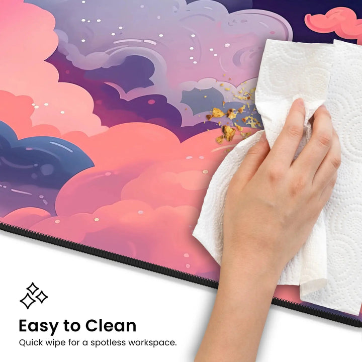 A hand uses a paper towel to clean the Kawaii Anime Desk Mat – Pastel Pink Night Sky Mouse Pad & Gaming Mat featuring an enchanting cloudy design. The text reads, "Easy to Clean - Quick wipe for a spotless workspace.