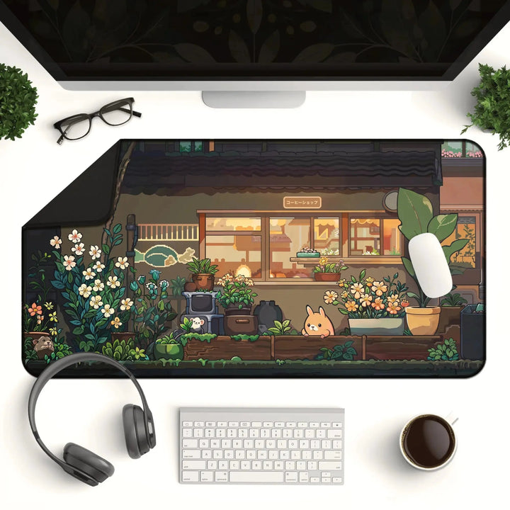 A cozy desk setup features the Kawaii Desk Mat – a cute Japanese anime design non-slip mouse pad for gamers, depicting an animated garden scene. Surrounding the desk mat are a monitor, keyboard, coffee mug, headphones, and potted plants, creating an inviting workspace. Glasses and little trinkets add personal touches.