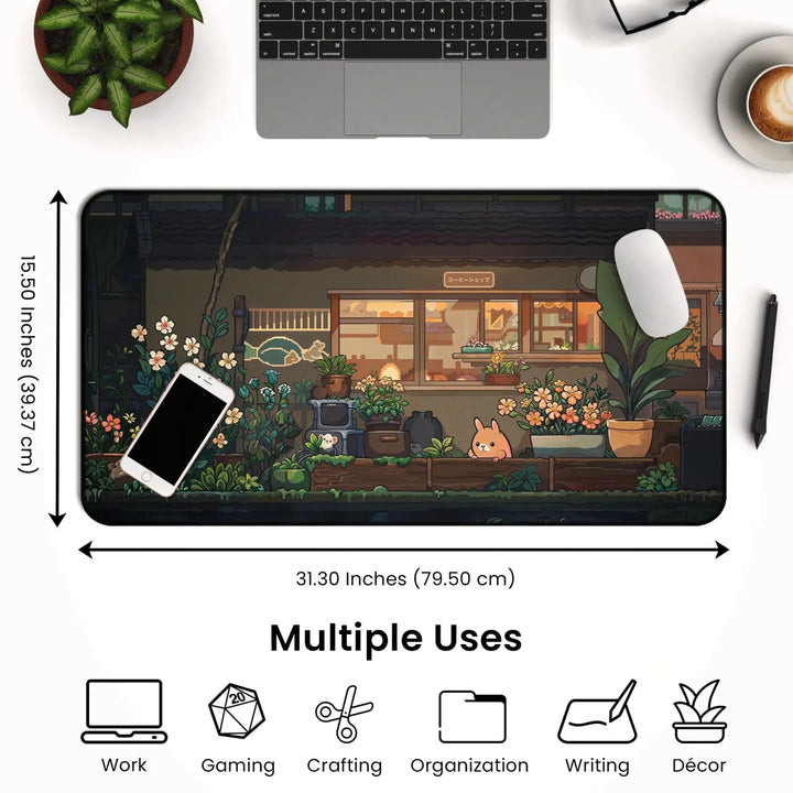 The Kawaii Desk Mat – Cute Japanese Anime Design Non-Slip Mouse Pad for Gamers features a large, desk-sized surface adorned with a cozy, kawaii outdoor scene with flowers, plants, and a bunny in front of a small shop. Measuring 31.30 x 15.50 inches (79.50 x 39.37 cm), this mat is ideal for multiple uses including work, gaming, and crafting—making it the perfect large desk accessory for any setup.