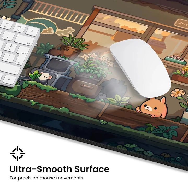 A computer keyboard and mouse rest on the Kawaii Desk Mat – Cute Japanese Anime Design Non-Slip Mouse Pad for Gamers, which features a charming garden scene with a cat peeking out from bushes and various plants. Text in the corner reads, "Ultra-Smooth Surface for precision mouse movements." This large desk accessory adds charm to any setup.