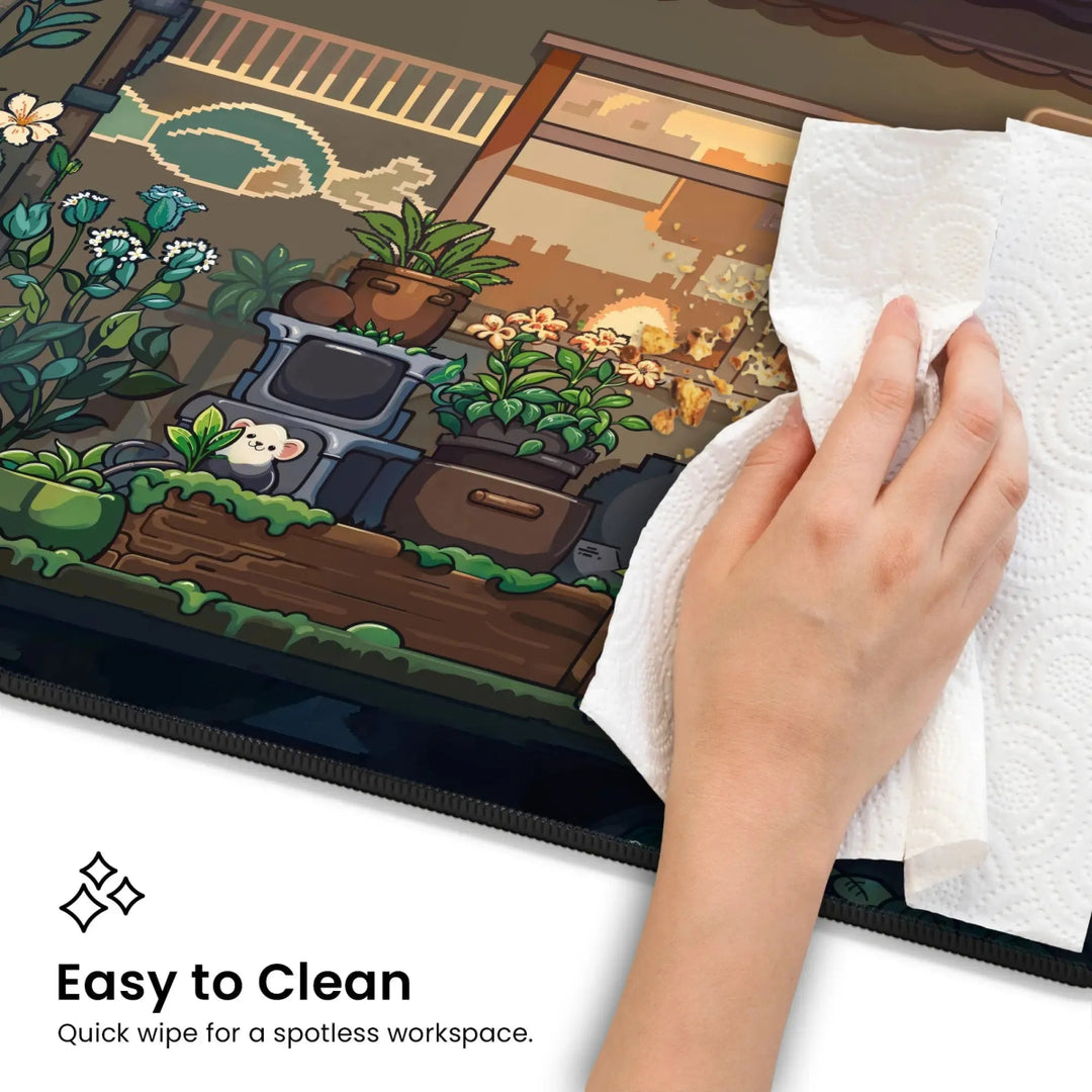 A hand uses a paper towel to wipe clean the Kawaii Desk Mat – Cute Japanese Anime Design Non-Slip Mouse Pad for Gamers. The desk mat features a detailed, colorful garden scene with plants and wooden boxes. Text at the bottom reads "Easy to Clean: Quick wipe for a spotless workspace." Enhance your setup with this cute Kawaii Desk Mat featuring an adorable Japanese anime design.